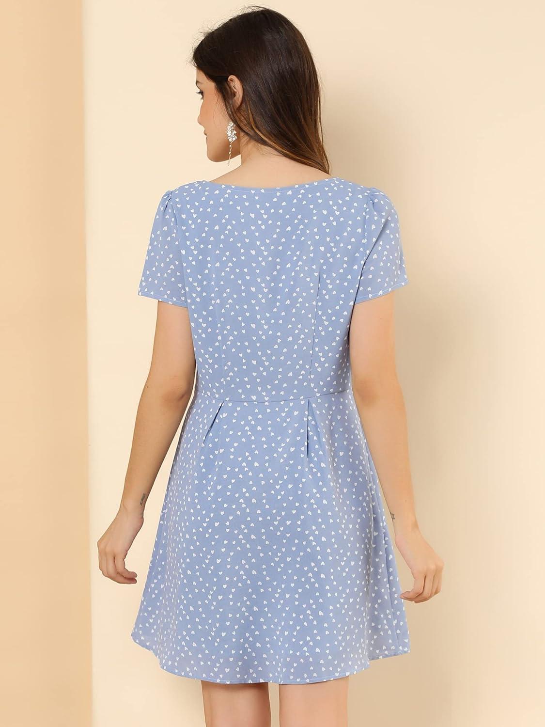 imageAllegra K Womens Printed Dress Summer 2025 Casual Square Neck Short Sleeve Fit and Flare DressesBlueheart