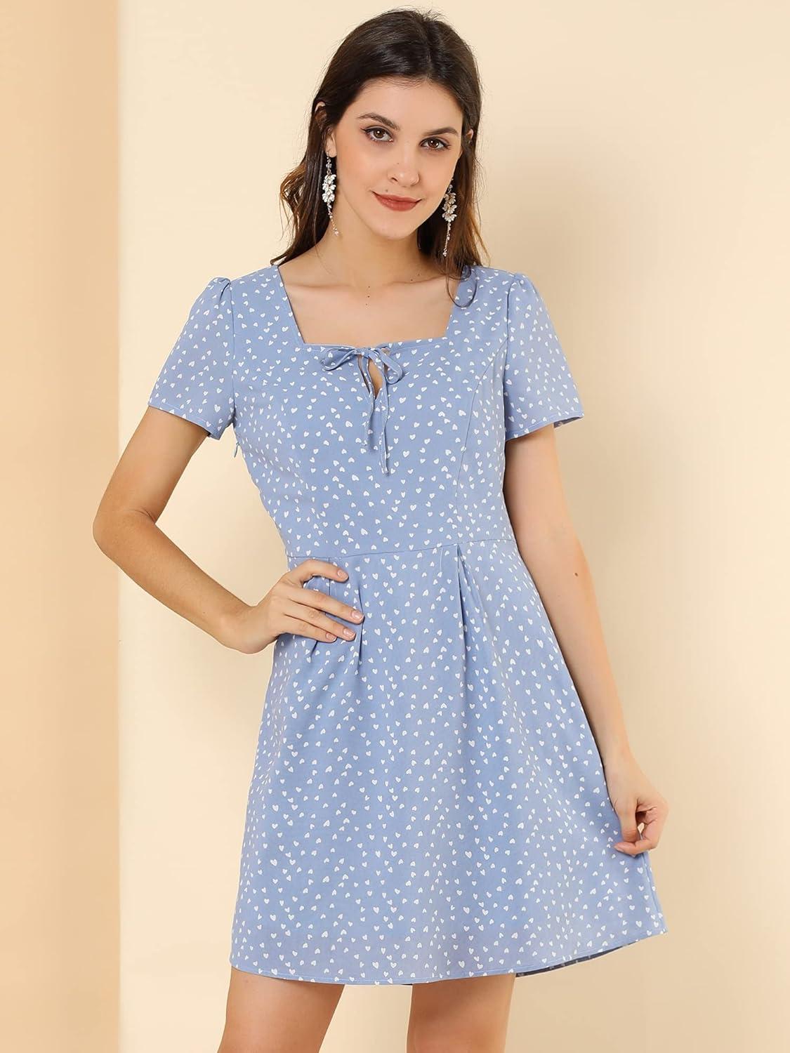 imageAllegra K Womens Printed Dress Summer 2025 Casual Square Neck Short Sleeve Fit and Flare DressesBlueheart