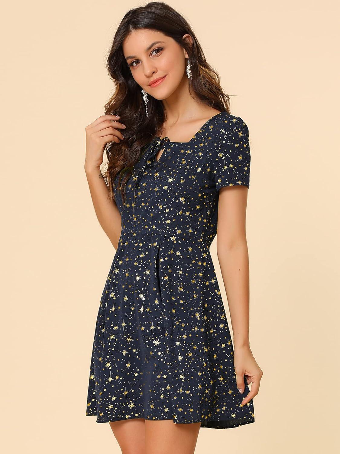 imageAllegra K Womens Printed Dress Summer 2025 Casual Square Neck Short Sleeve Fit and Flare DressesBluestars