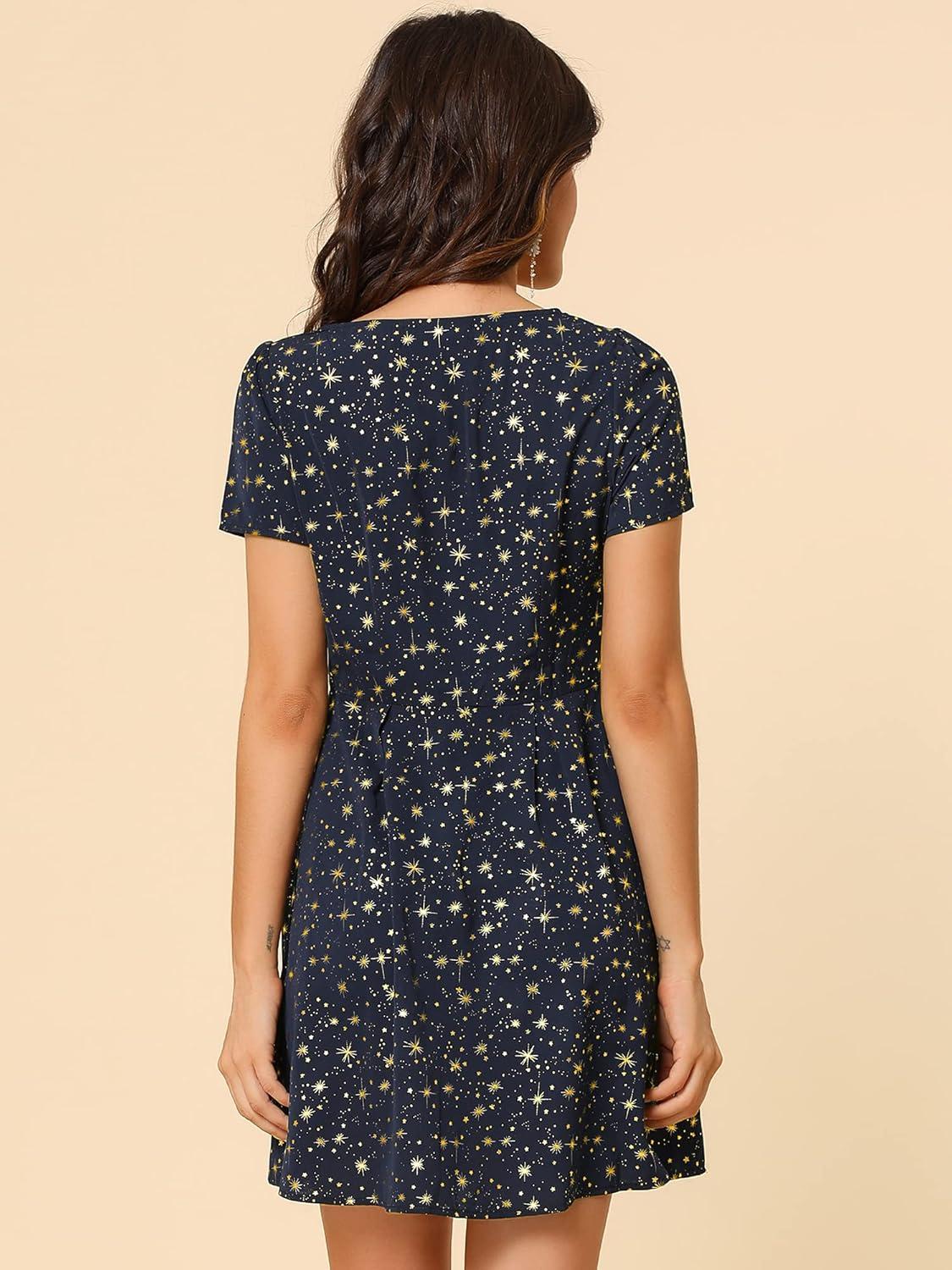 imageAllegra K Womens Printed Dress Summer 2025 Casual Square Neck Short Sleeve Fit and Flare DressesBluestars