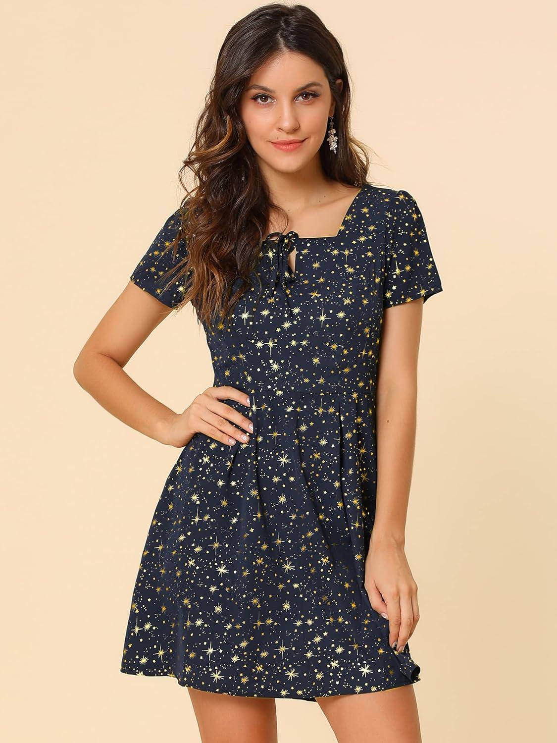 imageAllegra K Womens Printed Dress Summer 2025 Casual Square Neck Short Sleeve Fit and Flare DressesBluestars