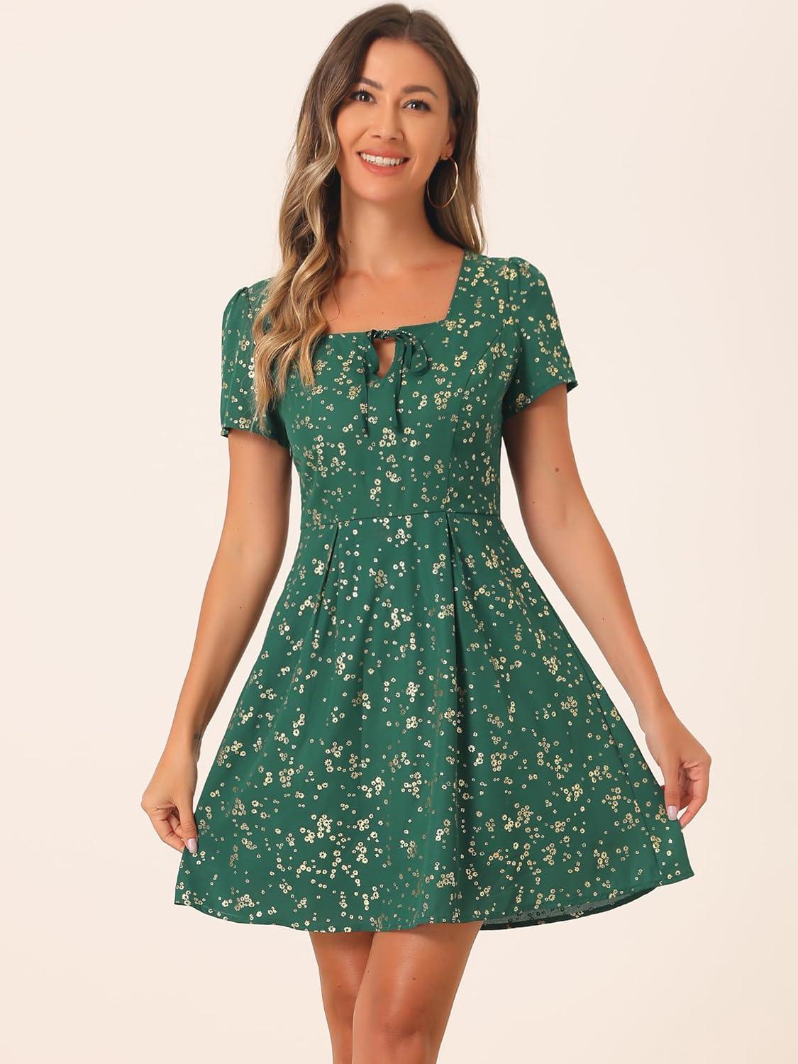 imageAllegra K Womens Printed Dress Summer 2025 Casual Square Neck Short Sleeve Fit and Flare DressesDark Greenfloral