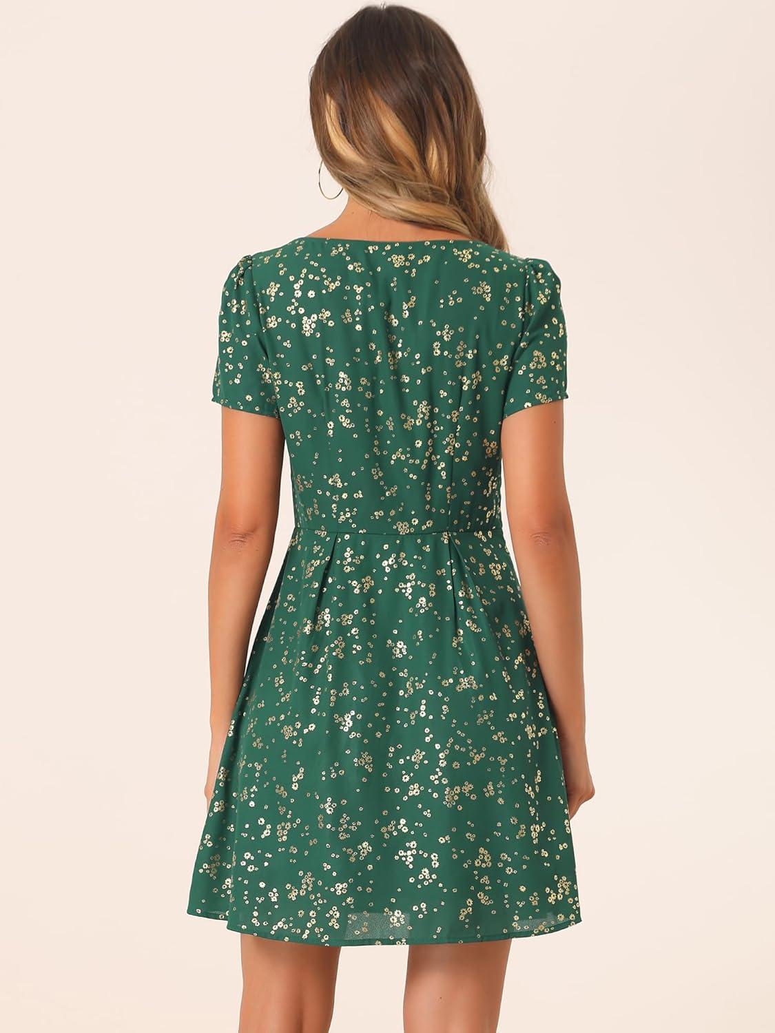 imageAllegra K Womens Printed Dress Summer 2025 Casual Square Neck Short Sleeve Fit and Flare DressesDark Greenfloral