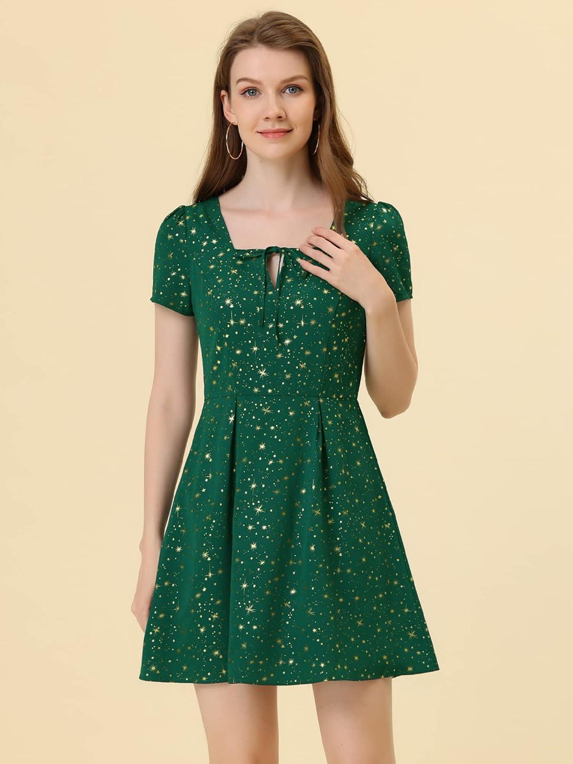 imageAllegra K Womens Printed Dress Summer 2025 Casual Square Neck Short Sleeve Fit and Flare DressesDark Greenstars