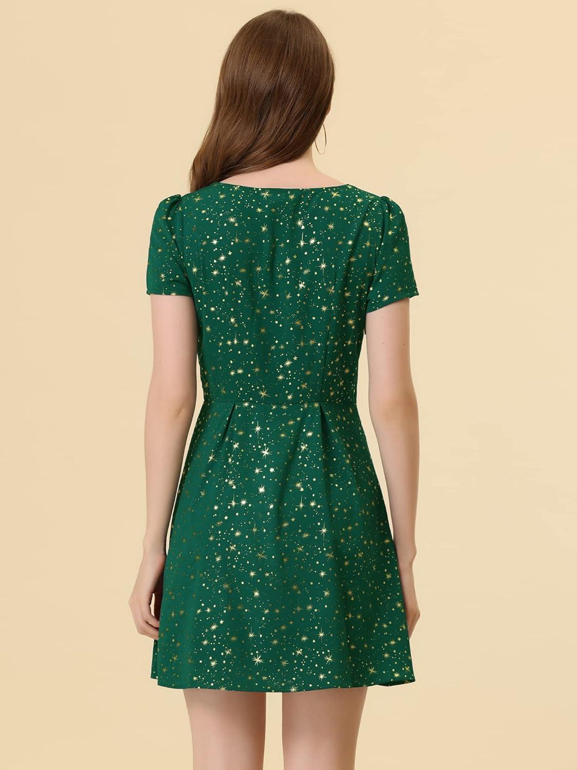 imageAllegra K Womens Printed Dress Summer 2025 Casual Square Neck Short Sleeve Fit and Flare DressesDark Greenstars