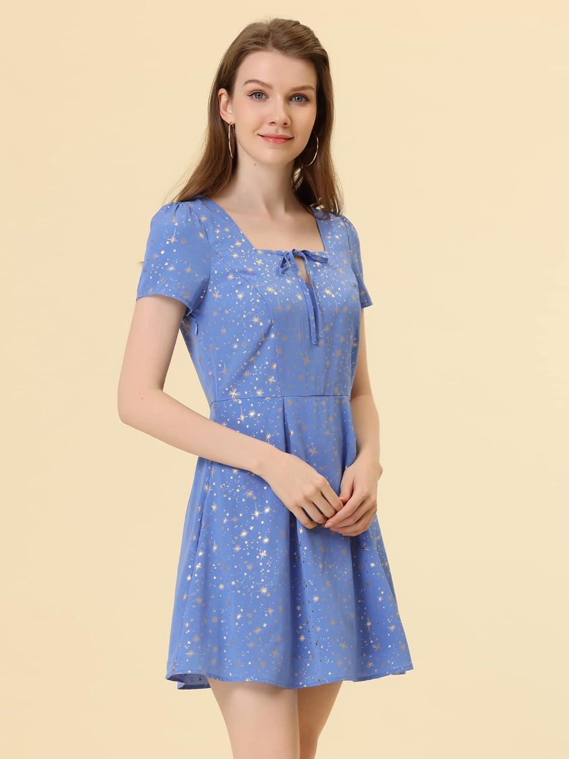 imageAllegra K Womens Printed Dress Summer 2025 Casual Square Neck Short Sleeve Fit and Flare DressesGray Bluestars