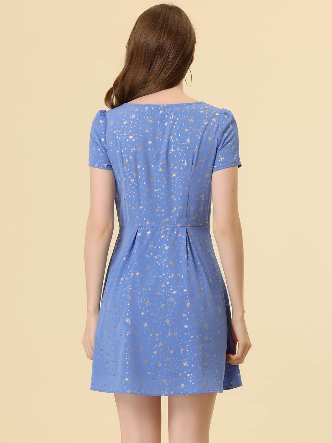 imageAllegra K Womens Printed Dress Summer 2025 Casual Square Neck Short Sleeve Fit and Flare DressesGray Bluestars