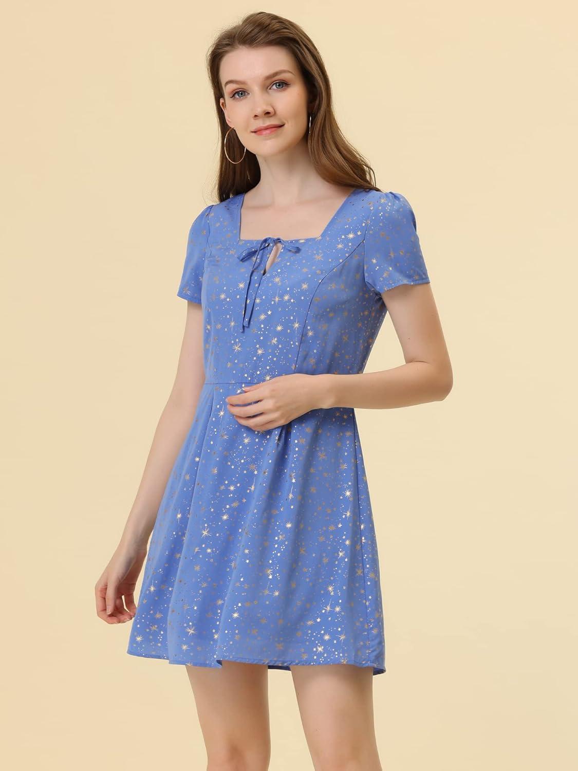 imageAllegra K Womens Printed Dress Summer 2025 Casual Square Neck Short Sleeve Fit and Flare DressesGray Bluestars