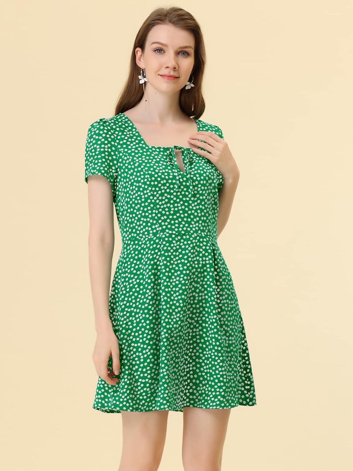 imageAllegra K Womens Printed Dress Summer 2025 Casual Square Neck Short Sleeve Fit and Flare DressesGreenfloral