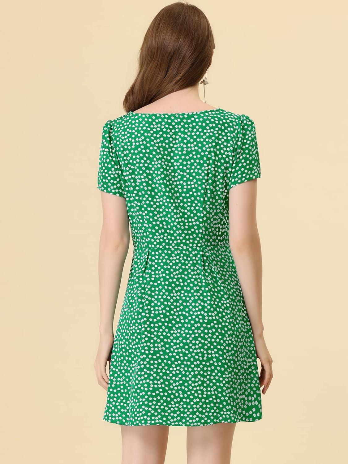 imageAllegra K Womens Printed Dress Summer 2025 Casual Square Neck Short Sleeve Fit and Flare DressesGreenfloral