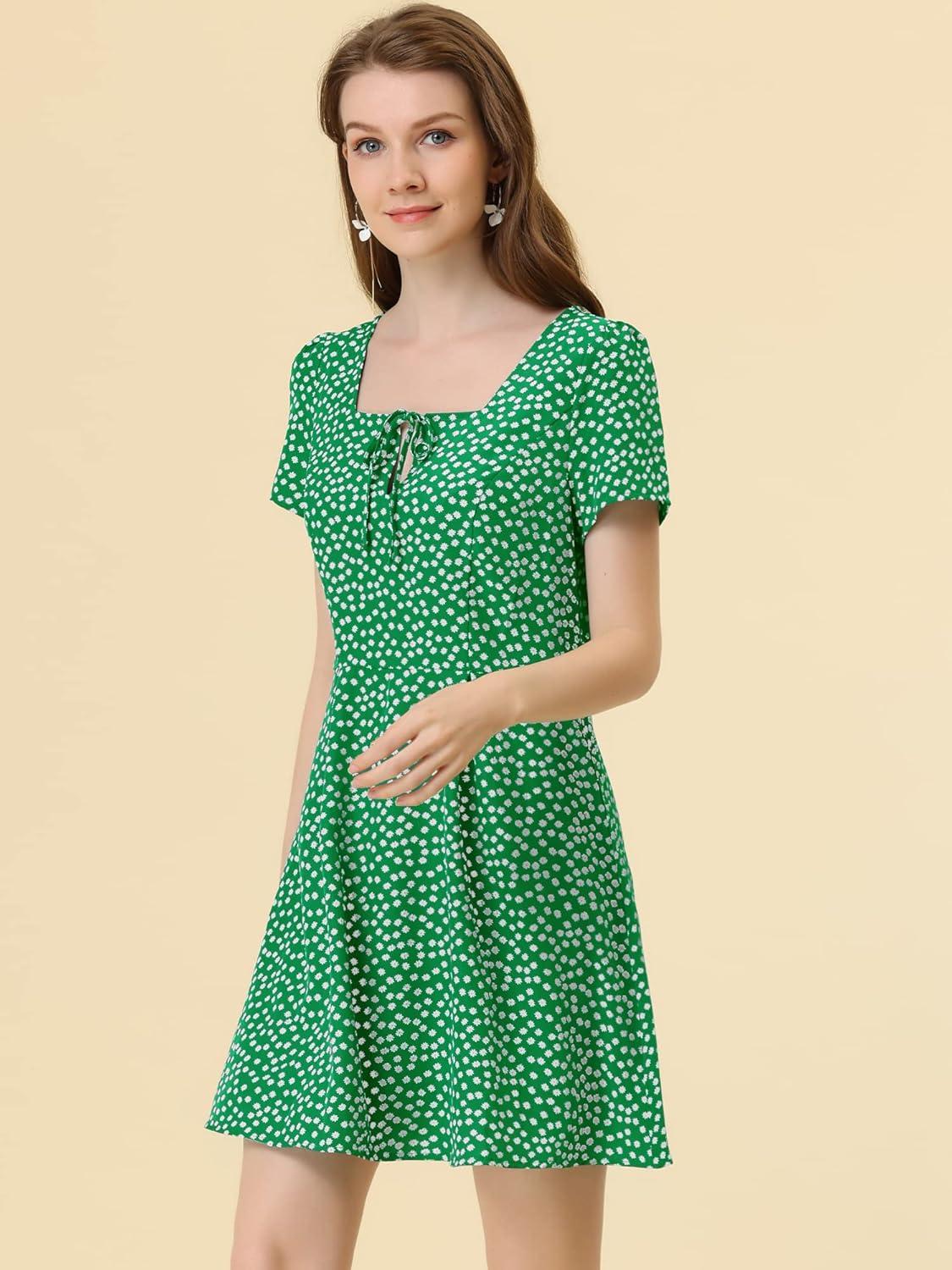 imageAllegra K Womens Printed Dress Summer 2025 Casual Square Neck Short Sleeve Fit and Flare DressesGreenfloral