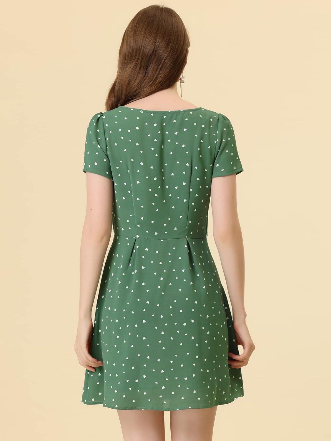 imageAllegra K Womens Printed Dress Summer 2025 Casual Square Neck Short Sleeve Fit and Flare DressesGreenheart