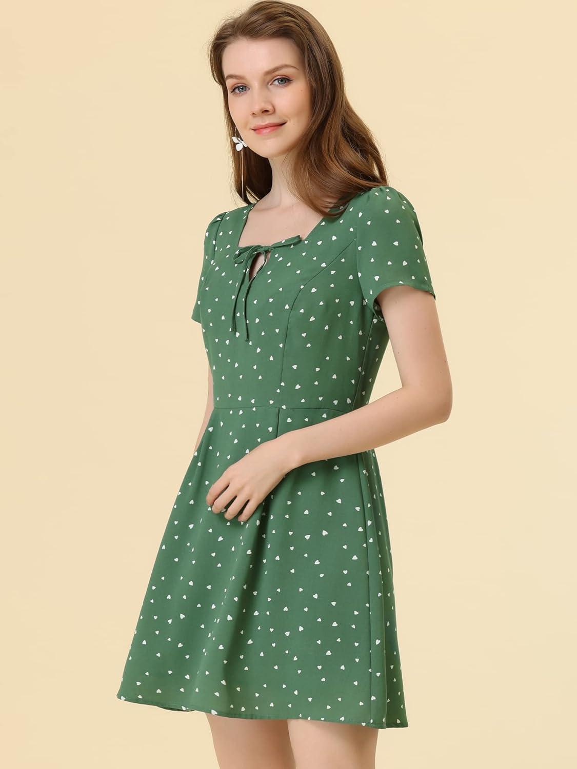 imageAllegra K Womens Printed Dress Summer 2025 Casual Square Neck Short Sleeve Fit and Flare DressesGreenheart