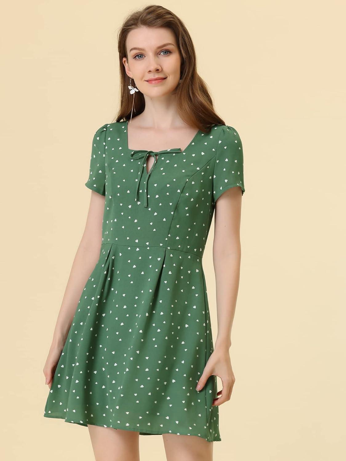 imageAllegra K Womens Printed Dress Summer 2025 Casual Square Neck Short Sleeve Fit and Flare DressesGreenheart
