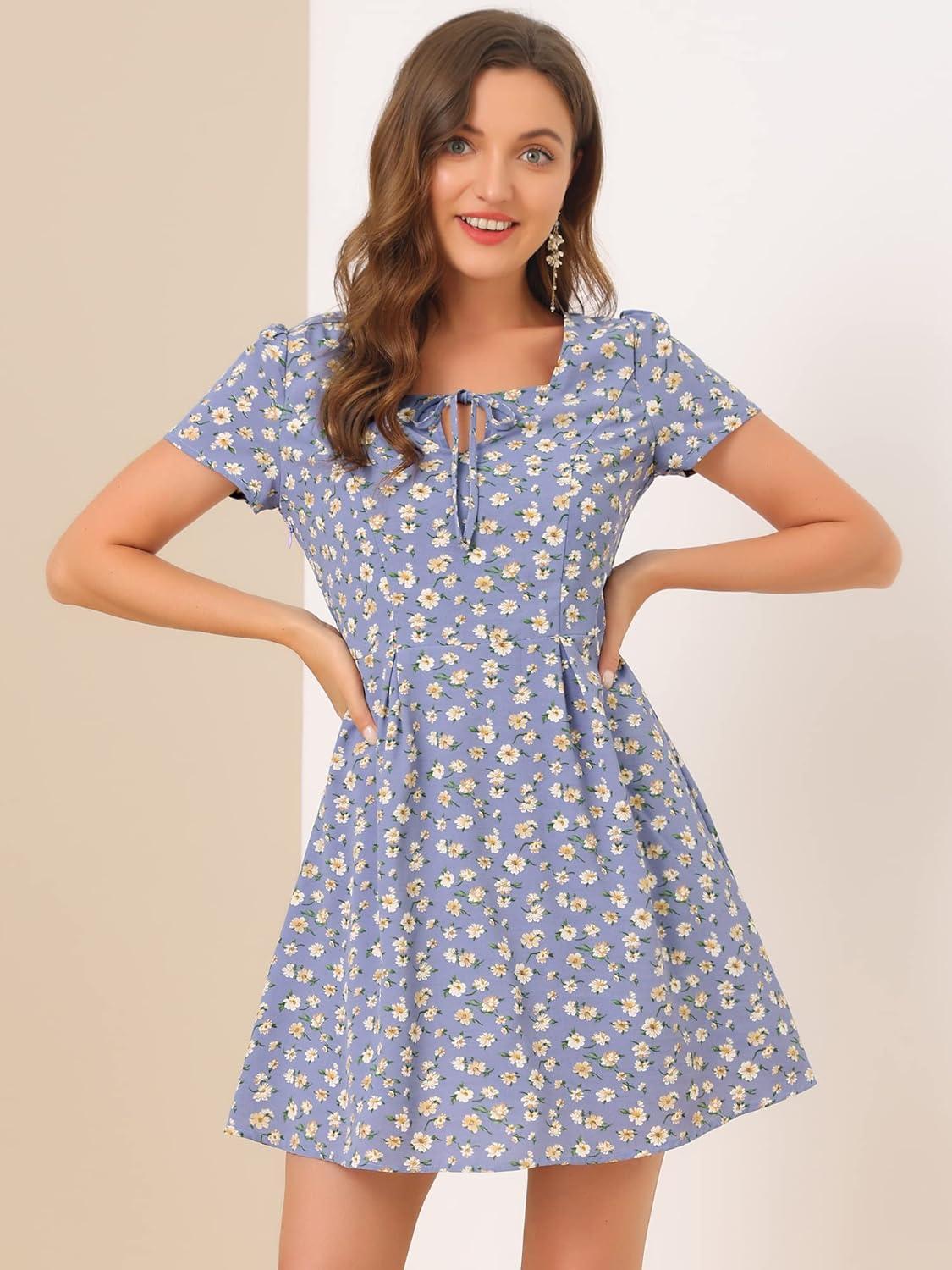 imageAllegra K Womens Printed Dress Summer 2025 Casual Square Neck Short Sleeve Fit and Flare DressesPurplefloral