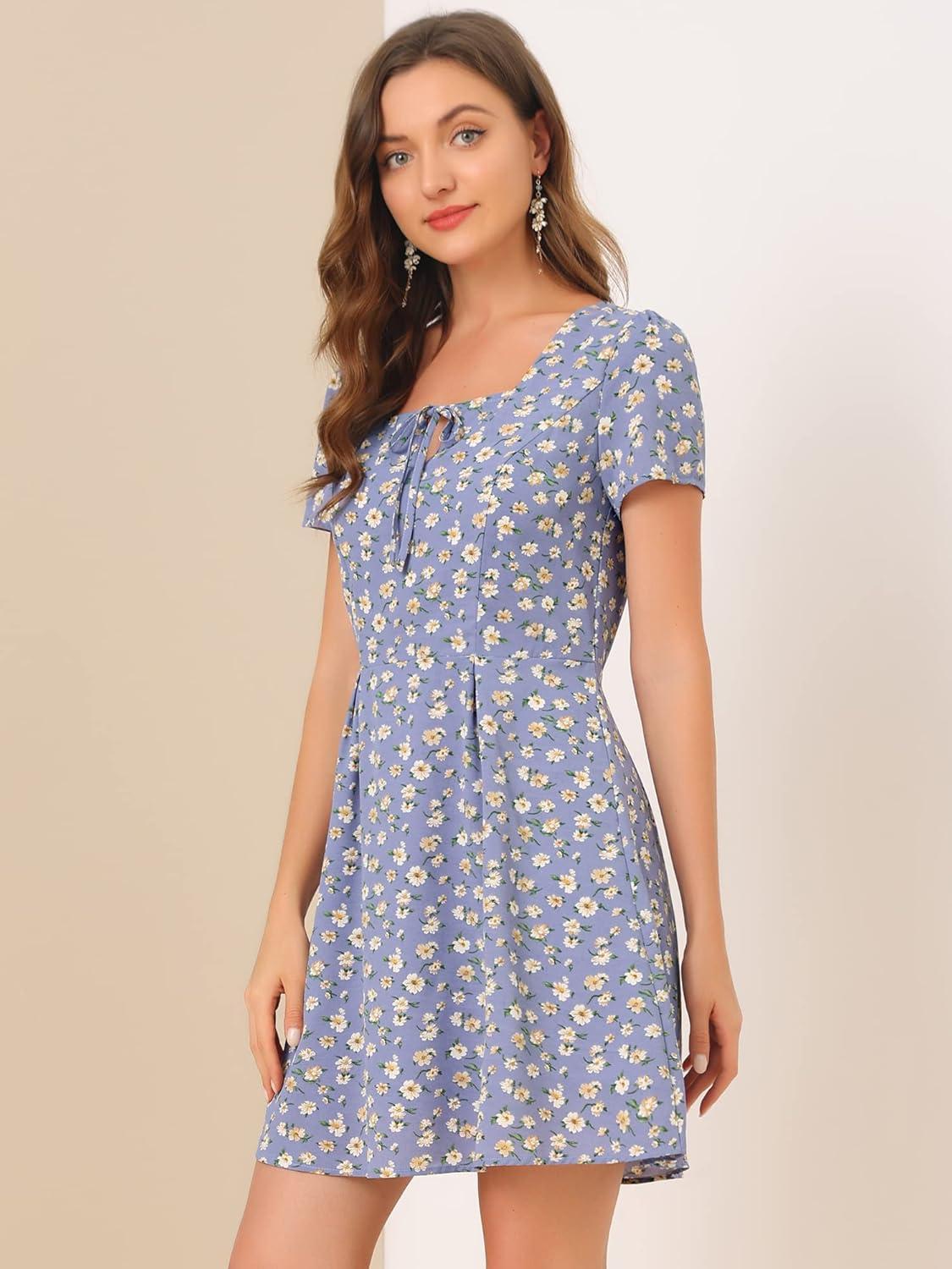 imageAllegra K Womens Printed Dress Summer 2025 Casual Square Neck Short Sleeve Fit and Flare DressesPurplefloral