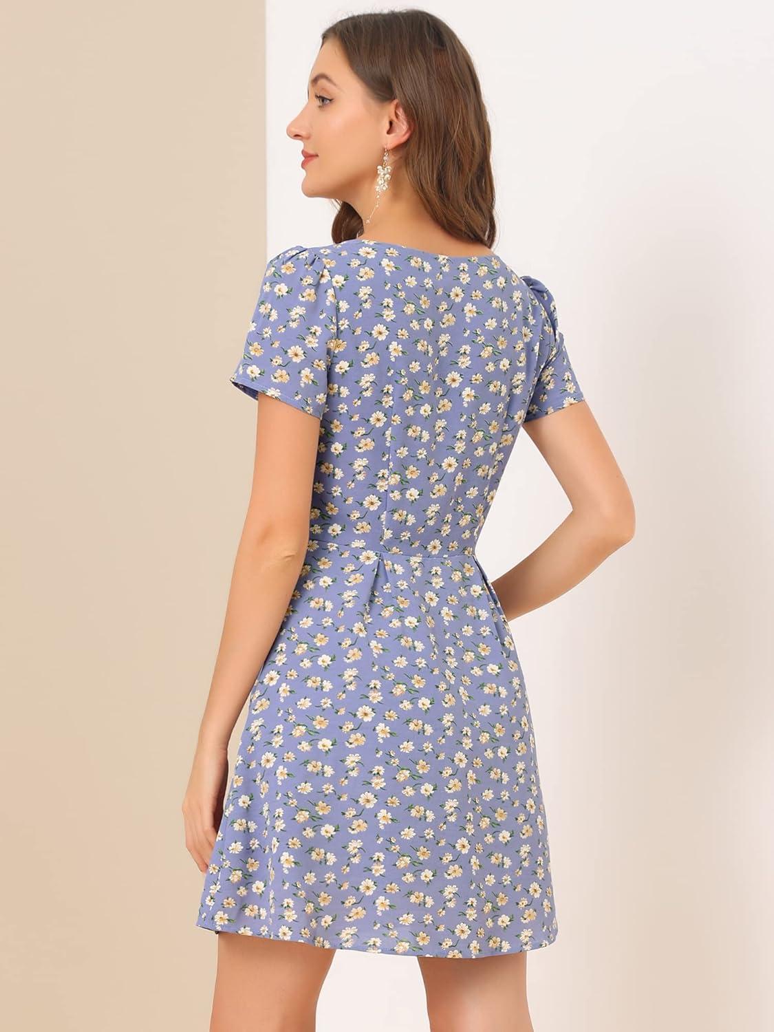 imageAllegra K Womens Printed Dress Summer 2025 Casual Square Neck Short Sleeve Fit and Flare DressesPurplefloral