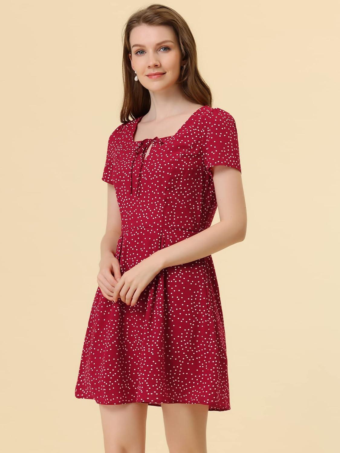 imageAllegra K Womens Printed Dress Summer 2025 Casual Square Neck Short Sleeve Fit and Flare DressesReddotted