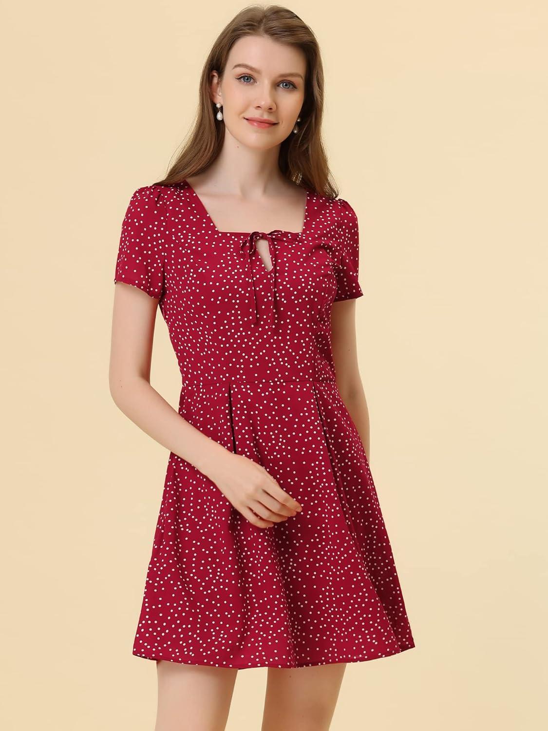 imageAllegra K Womens Printed Dress Summer 2025 Casual Square Neck Short Sleeve Fit and Flare DressesReddotted