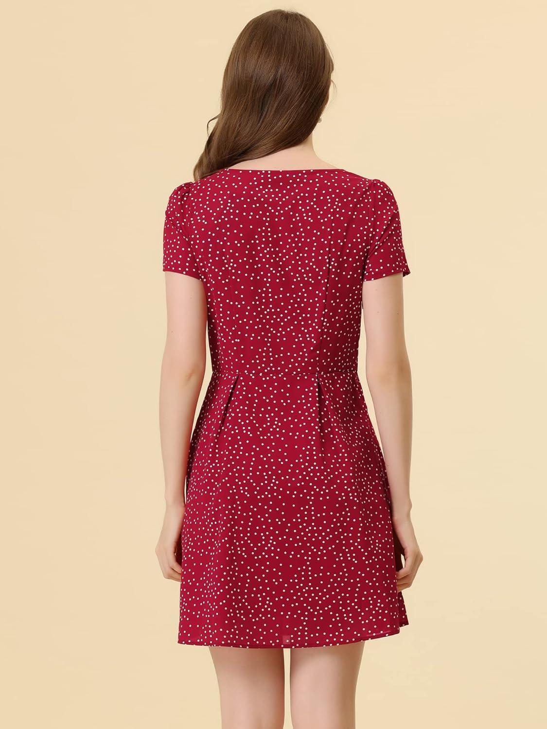 imageAllegra K Womens Printed Dress Summer 2025 Casual Square Neck Short Sleeve Fit and Flare DressesReddotted