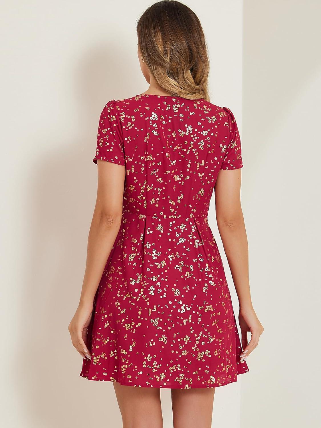 imageAllegra K Womens Printed Dress Summer 2025 Casual Square Neck Short Sleeve Fit and Flare DressesRedfloral