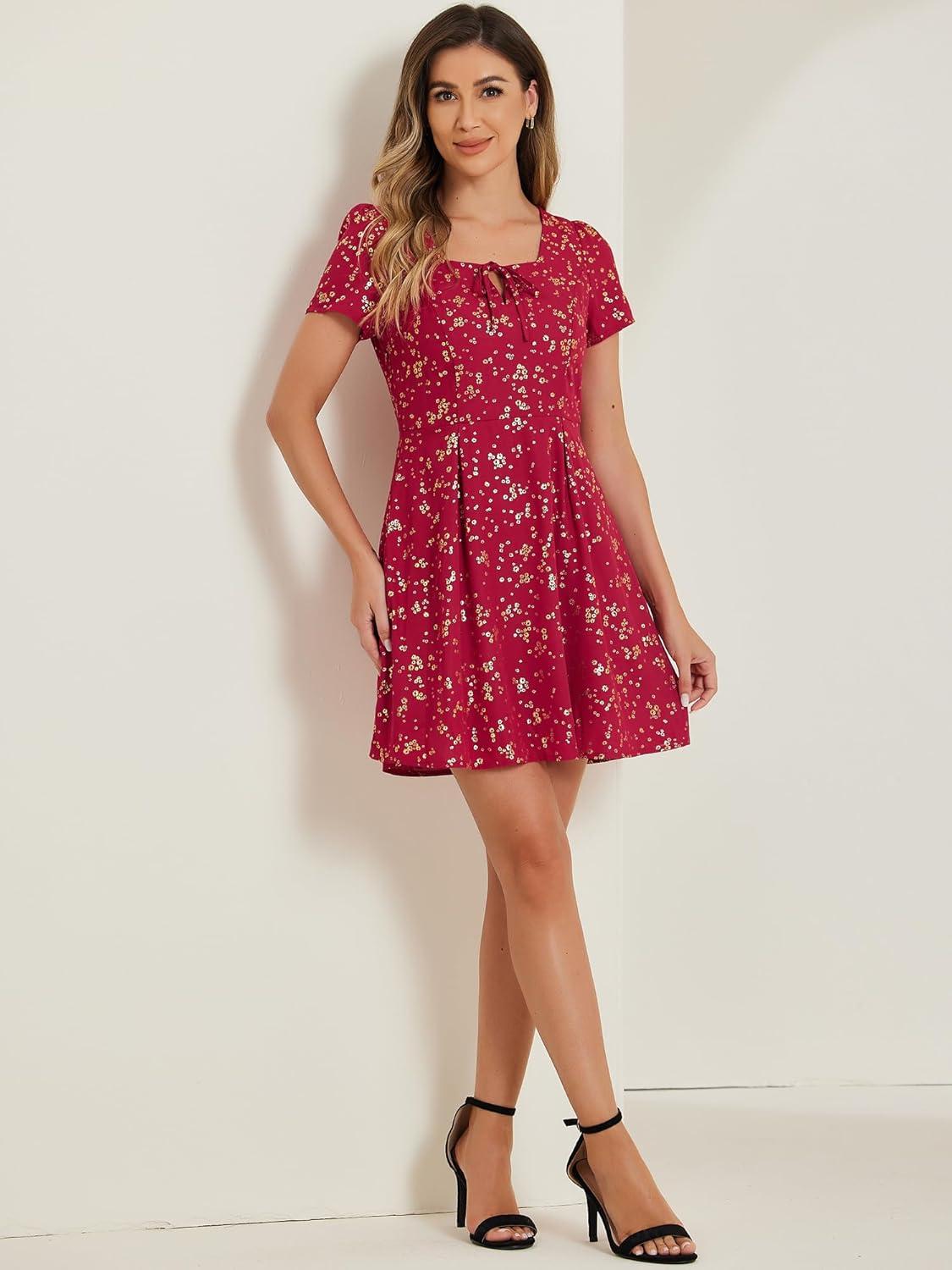 imageAllegra K Womens Printed Dress Summer 2025 Casual Square Neck Short Sleeve Fit and Flare DressesRedfloral