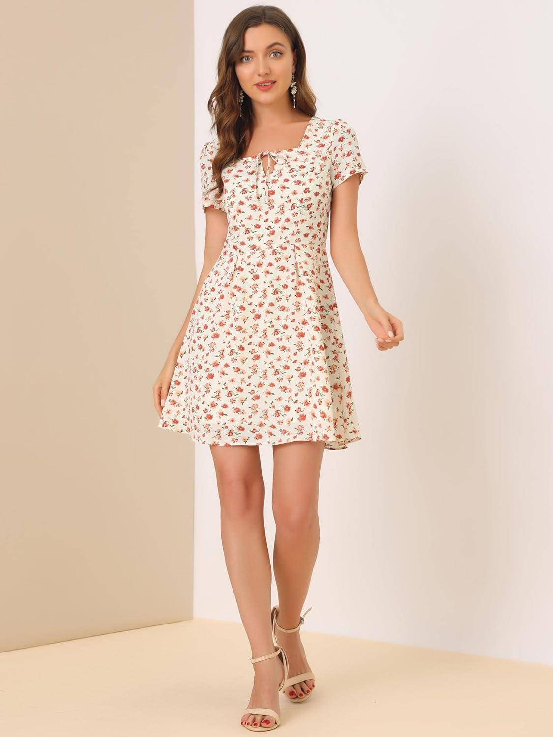 imageAllegra K Womens Printed Dress Summer 2025 Casual Square Neck Short Sleeve Fit and Flare DressesWhitefloral