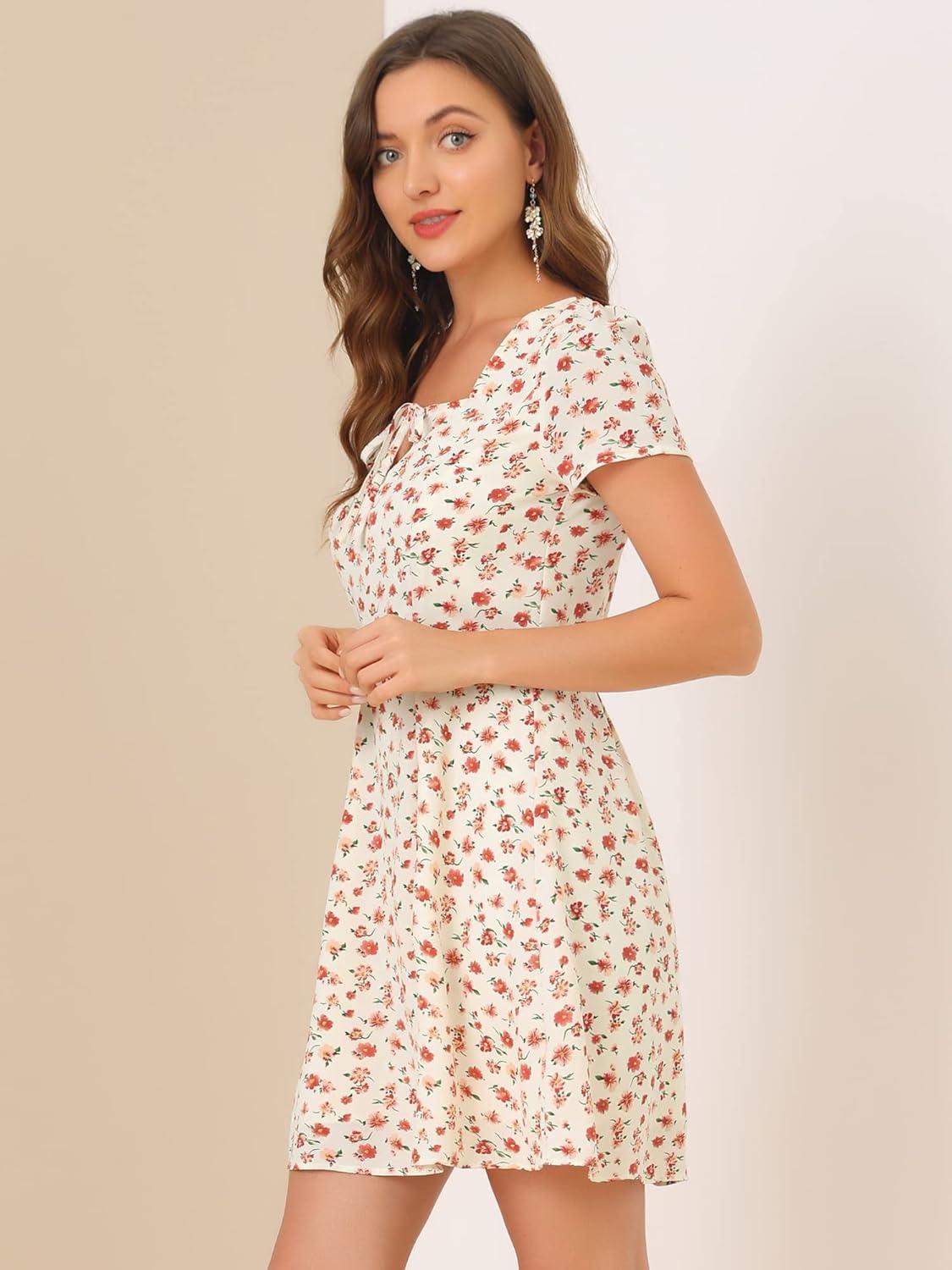 imageAllegra K Womens Printed Dress Summer 2025 Casual Square Neck Short Sleeve Fit and Flare DressesWhitefloral