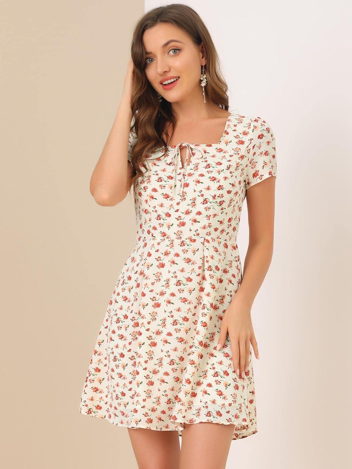imageAllegra K Womens Printed Dress Summer 2025 Casual Square Neck Short Sleeve Fit and Flare DressesWhitefloral