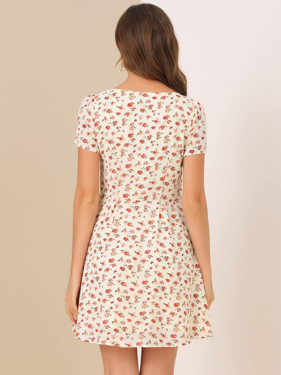 imageAllegra K Womens Printed Dress Summer 2025 Casual Square Neck Short Sleeve Fit and Flare DressesWhitefloral
