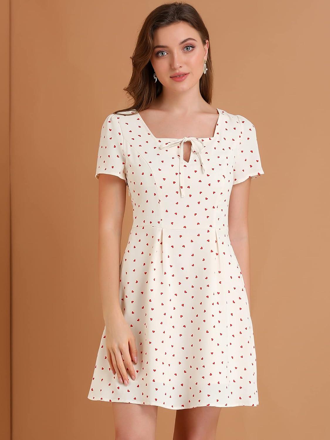 imageAllegra K Womens Printed Dress Summer 2025 Casual Square Neck Short Sleeve Fit and Flare DressesWhiteheart