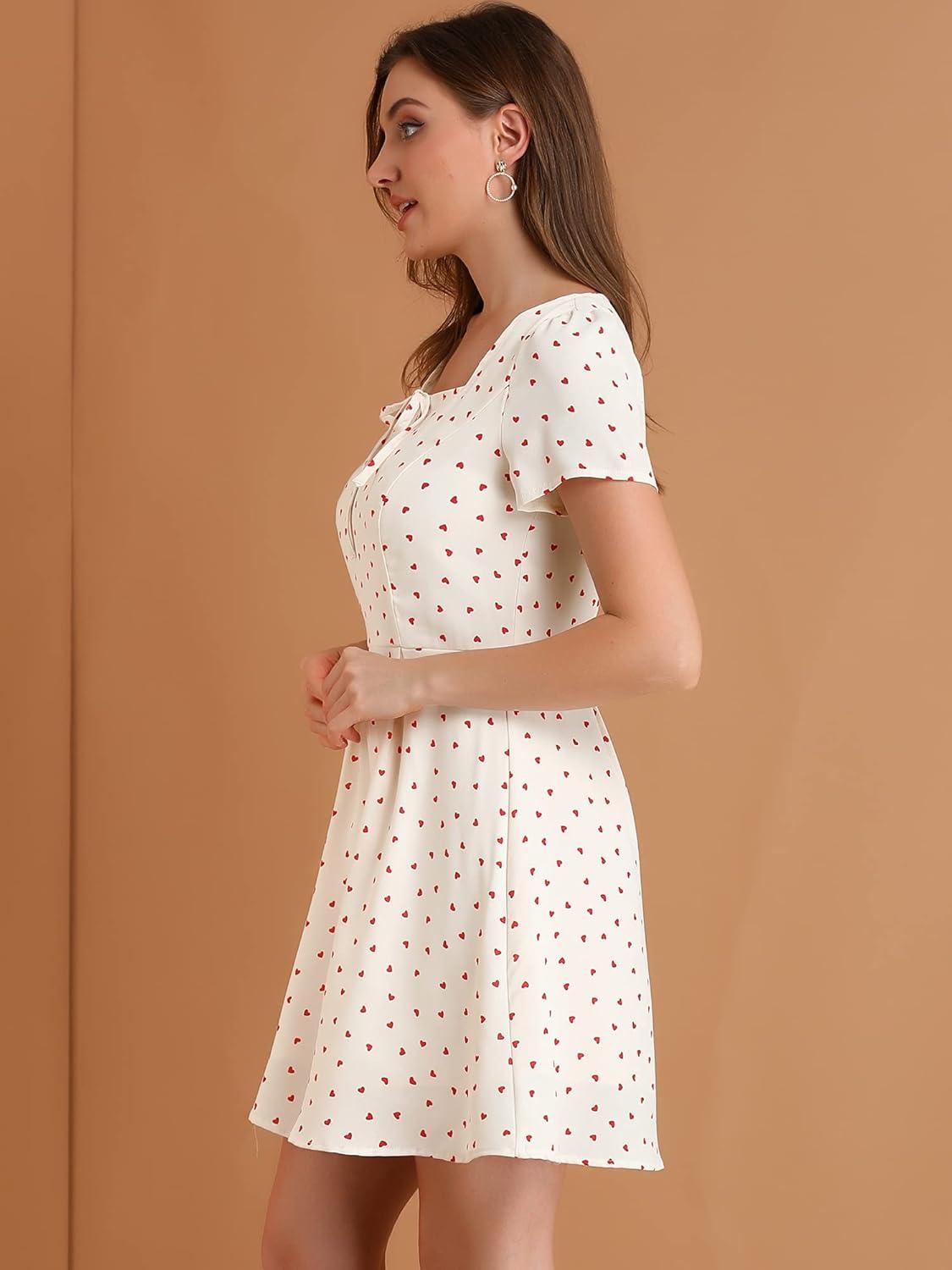 imageAllegra K Womens Printed Dress Summer 2025 Casual Square Neck Short Sleeve Fit and Flare DressesWhiteheart