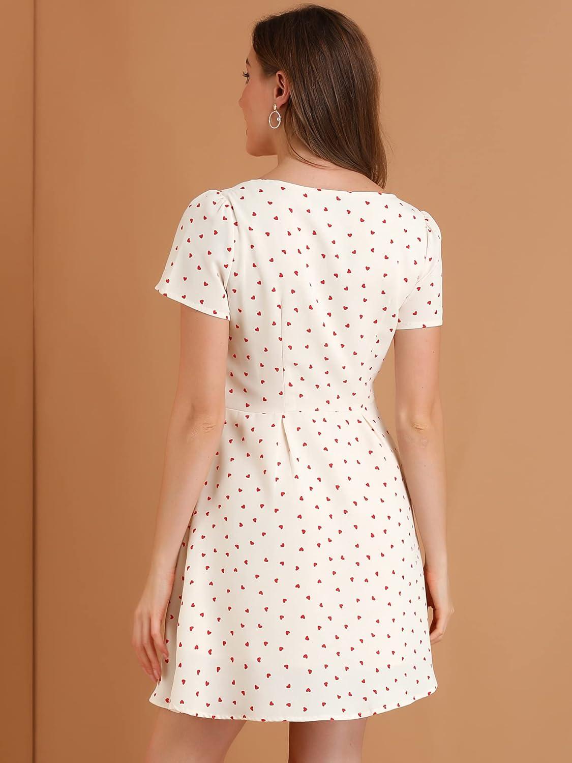 imageAllegra K Womens Printed Dress Summer 2025 Casual Square Neck Short Sleeve Fit and Flare DressesWhiteheart