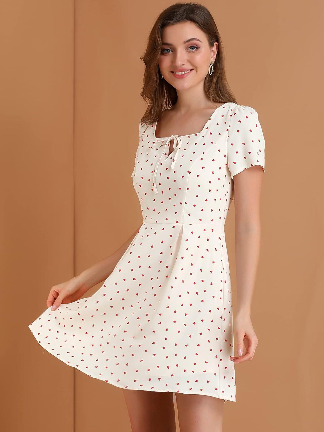 imageAllegra K Womens Printed Dress Summer 2025 Casual Square Neck Short Sleeve Fit and Flare DressesWhiteheart