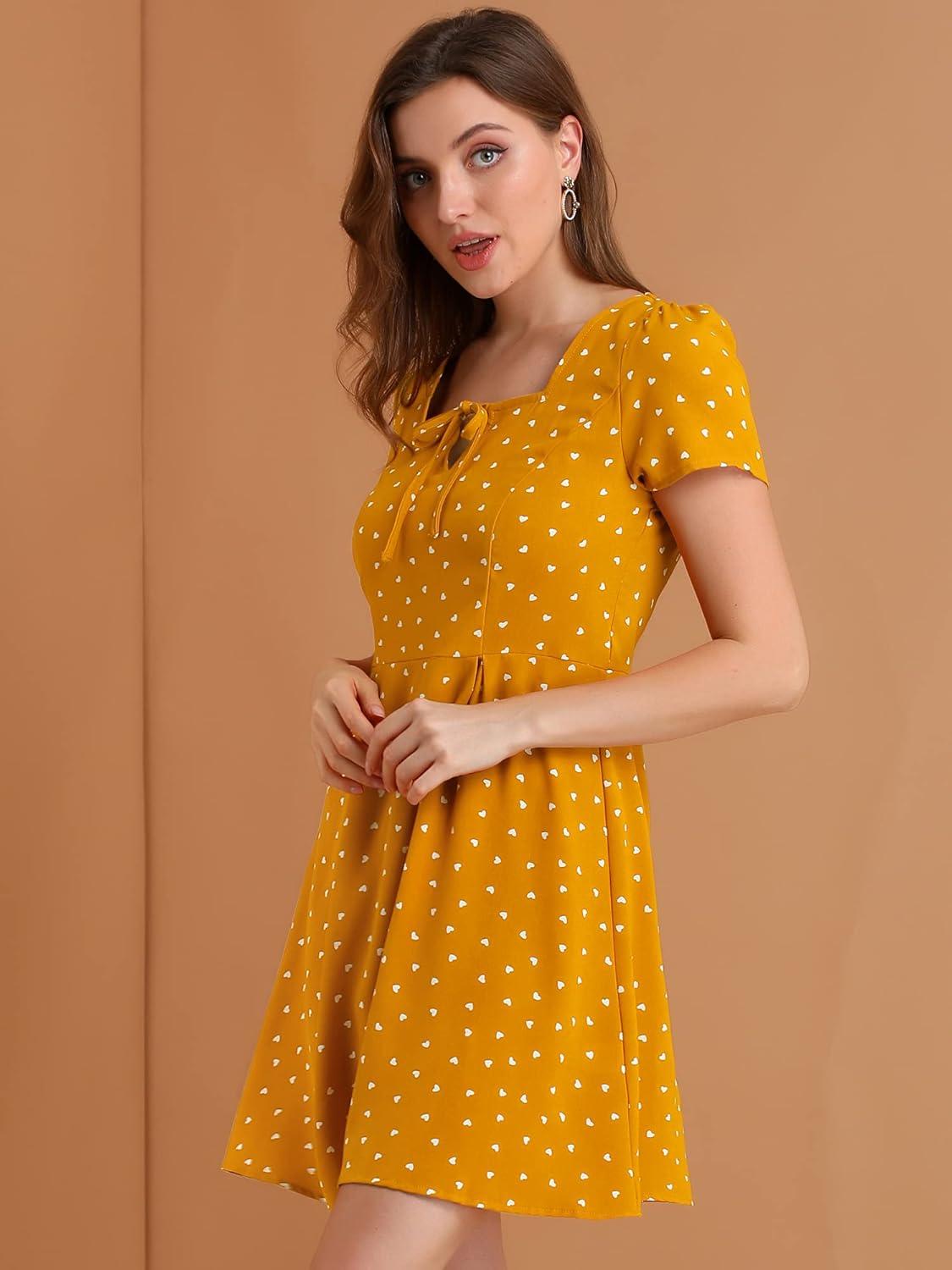 imageAllegra K Womens Printed Dress Summer 2025 Casual Square Neck Short Sleeve Fit and Flare DressesYellowheart