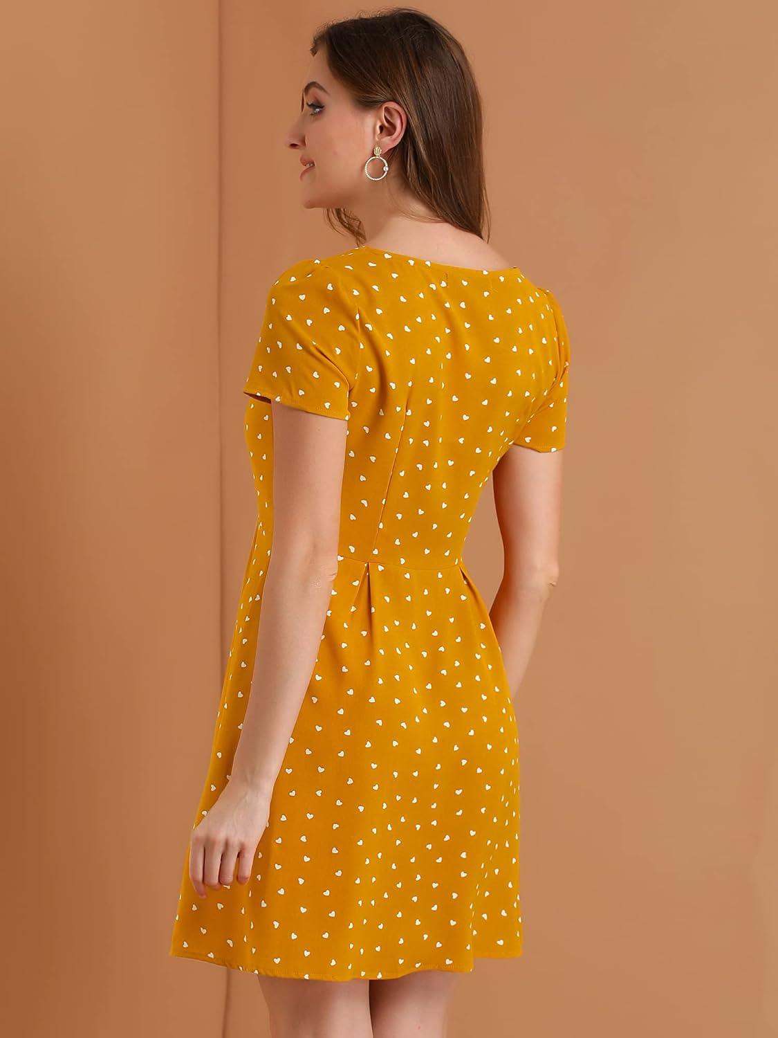 imageAllegra K Womens Printed Dress Summer 2025 Casual Square Neck Short Sleeve Fit and Flare DressesYellowheart