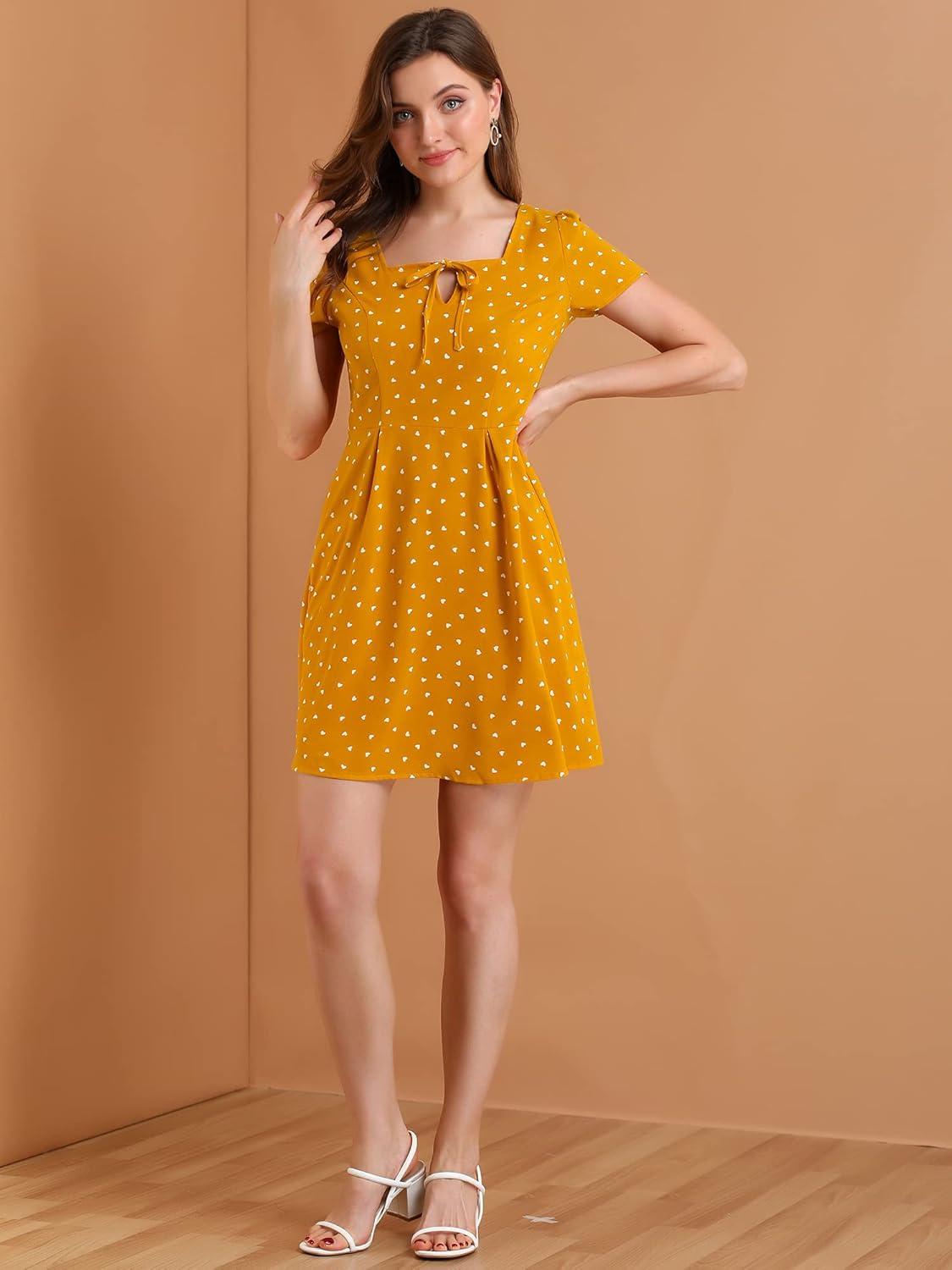 imageAllegra K Womens Printed Dress Summer 2025 Casual Square Neck Short Sleeve Fit and Flare DressesYellowheart