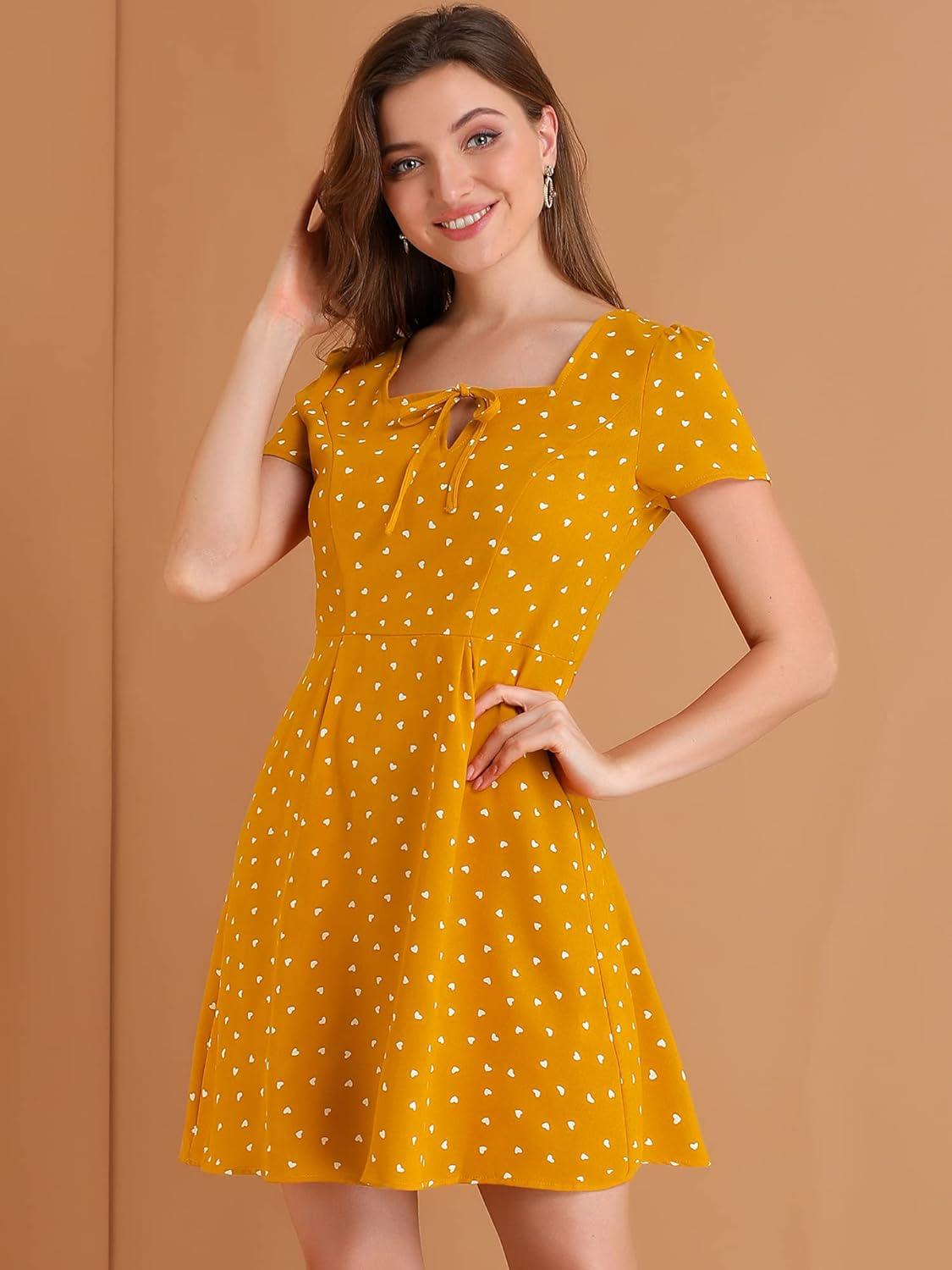 imageAllegra K Womens Printed Dress Summer 2025 Casual Square Neck Short Sleeve Fit and Flare DressesYellowheart