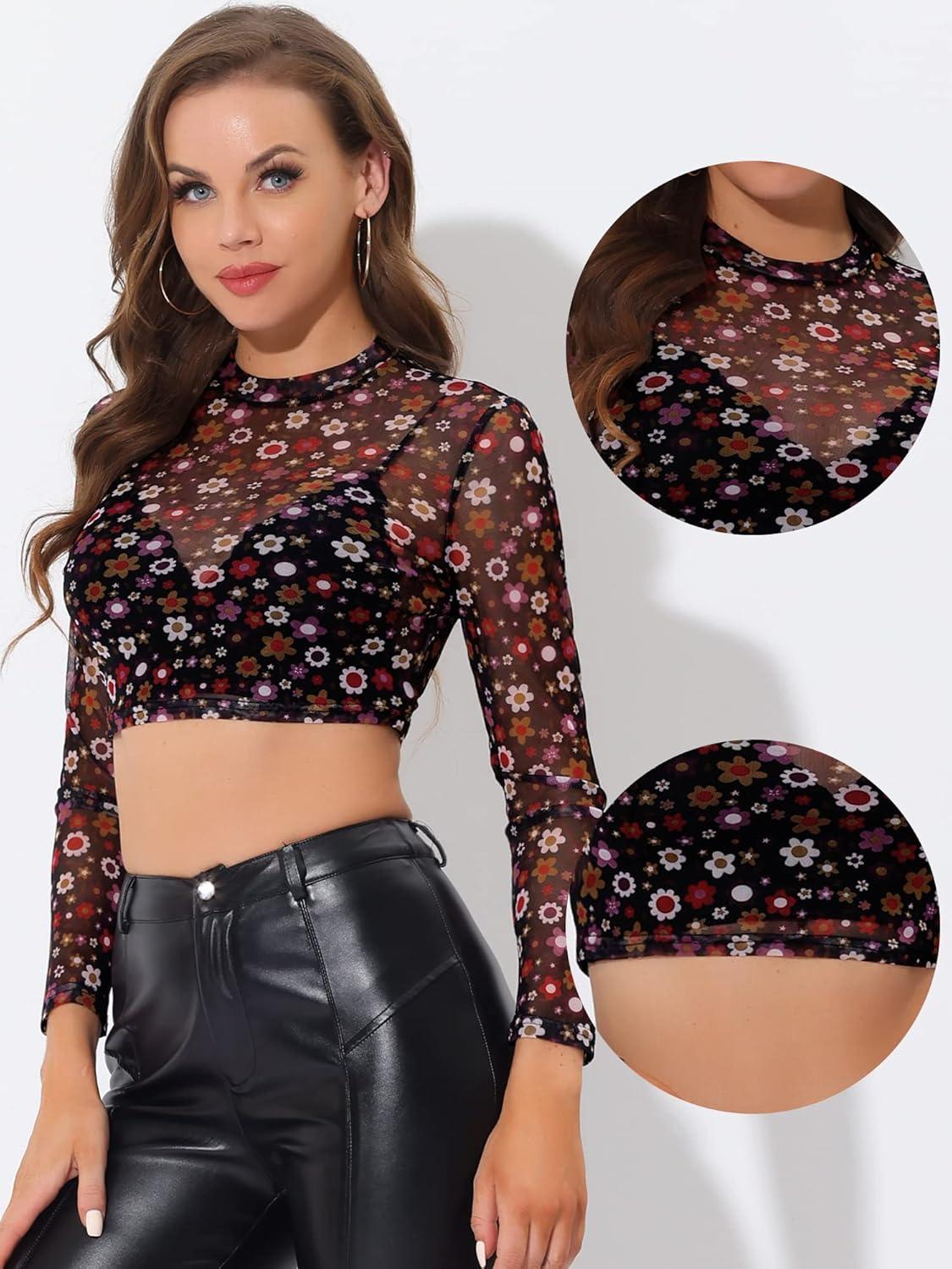 imageAllegra K Womens SemiSheer Sexy Blouse Heart Print Crop Tops Cocktail Party Mesh TopBlack Floral