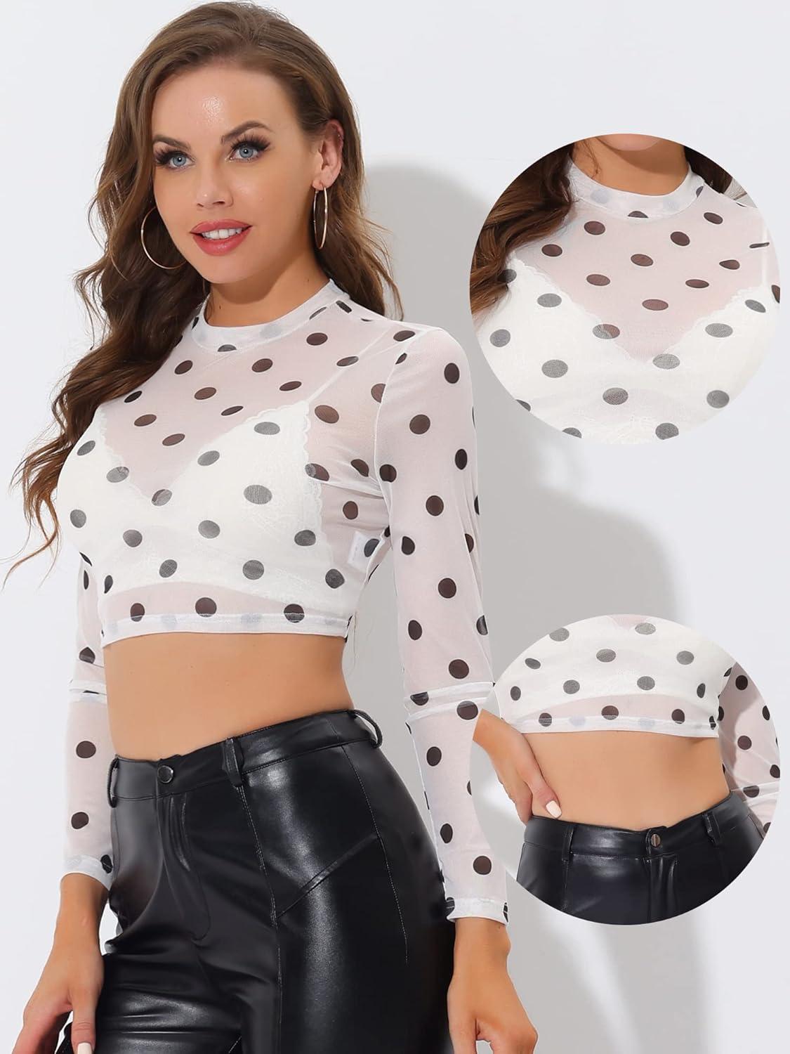 imageAllegra K Womens SemiSheer Sexy Blouse Heart Print Crop Tops Cocktail Party Mesh TopBlackwhite
