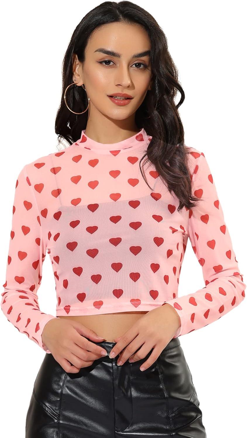 imageAllegra K Womens SemiSheer Sexy Blouse Heart Print Crop Tops Cocktail Party Mesh TopPink