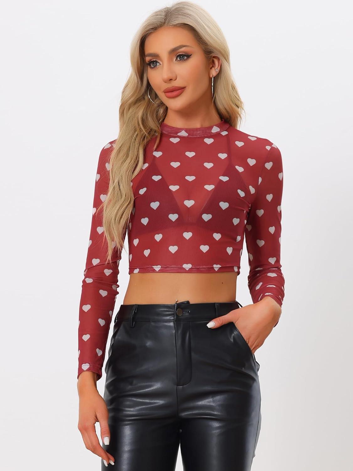 imageAllegra K Womens SemiSheer Sexy Blouse Heart Print Crop Tops Cocktail Party Mesh TopRed