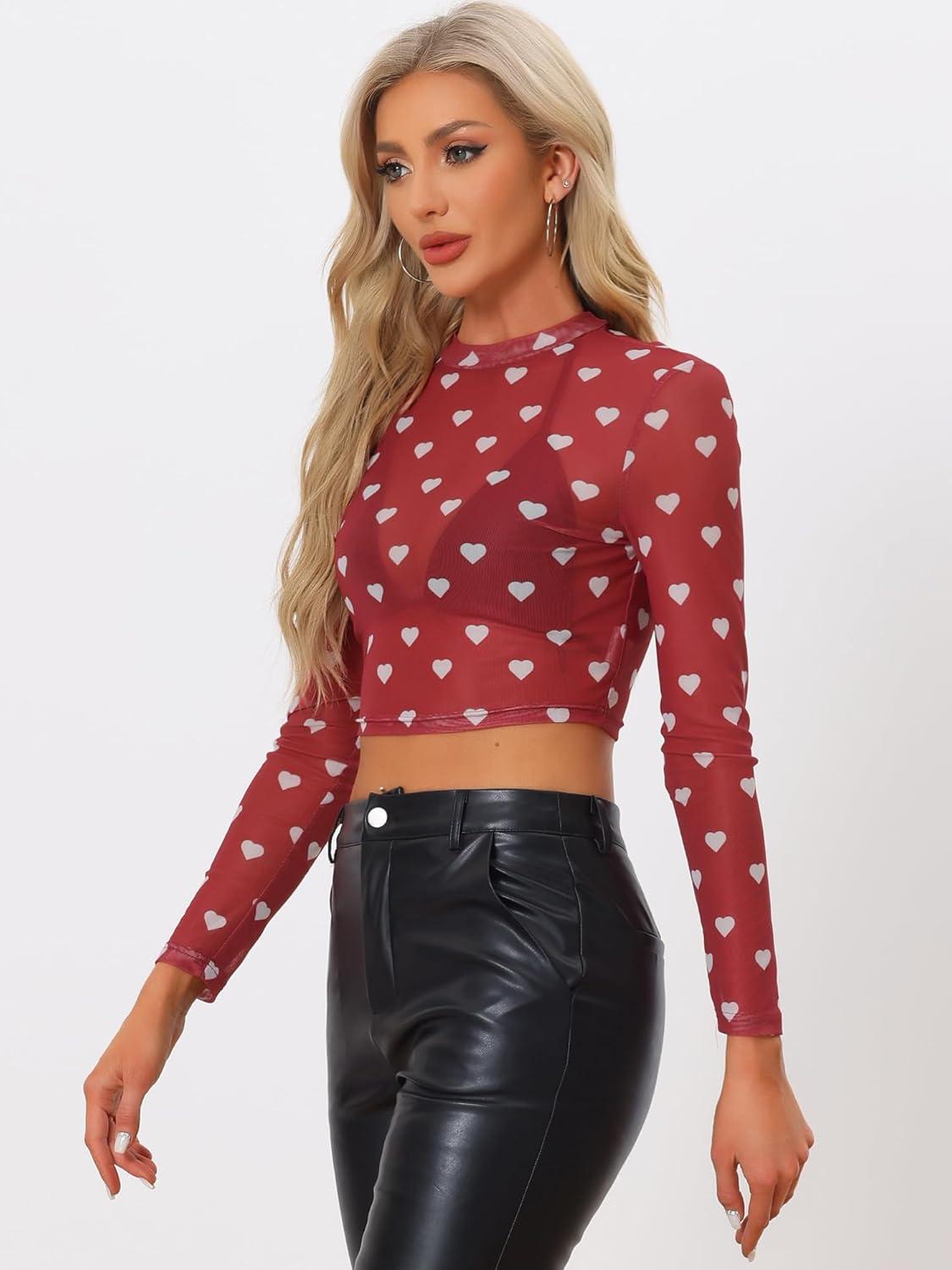 imageAllegra K Womens SemiSheer Sexy Blouse Heart Print Crop Tops Cocktail Party Mesh TopRed