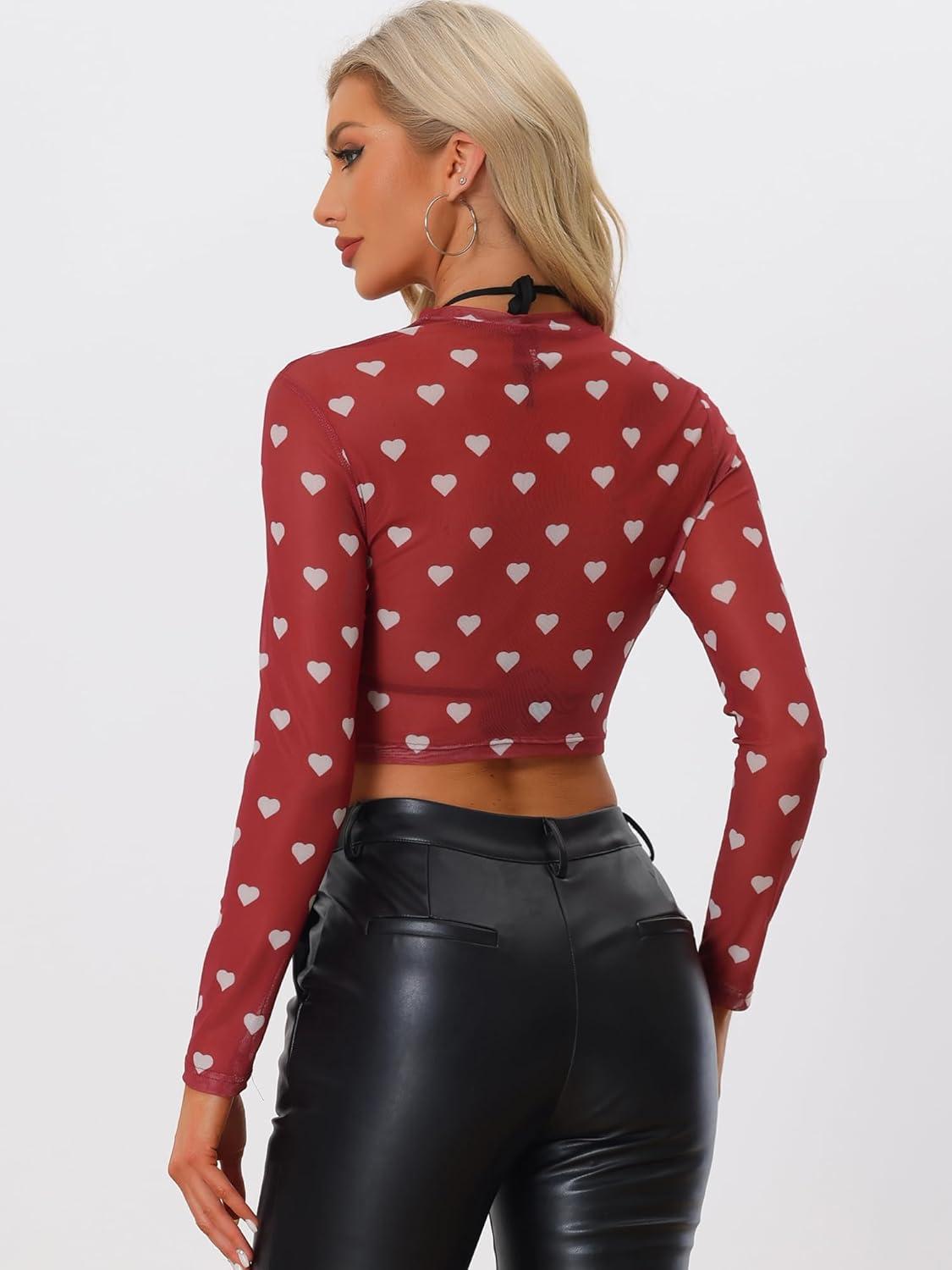 imageAllegra K Womens SemiSheer Sexy Blouse Heart Print Crop Tops Cocktail Party Mesh TopRed
