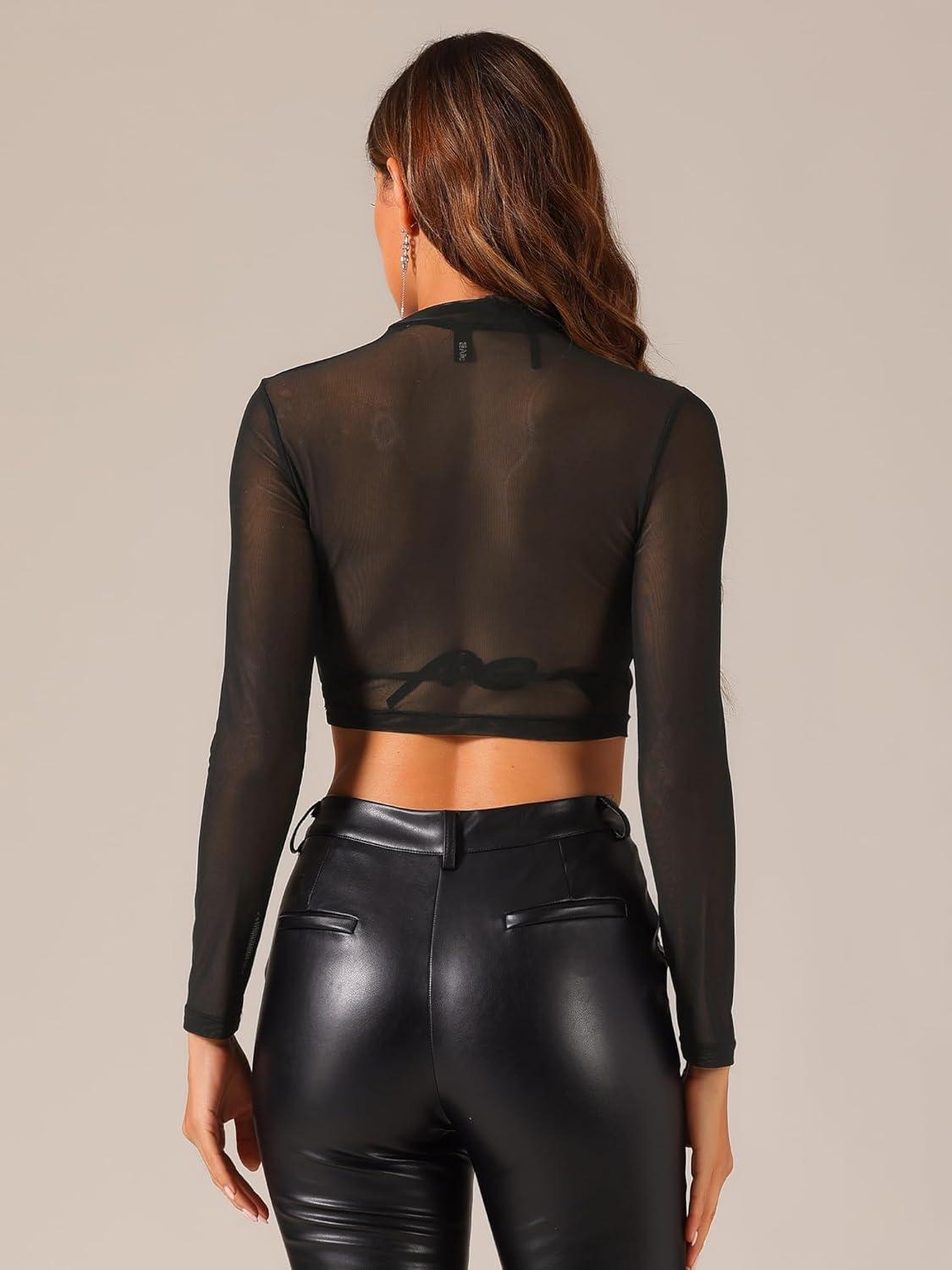imageAllegra K Womens SemiSheer Sexy Blouse Heart Print Crop Tops Cocktail Party Mesh TopSolid Black