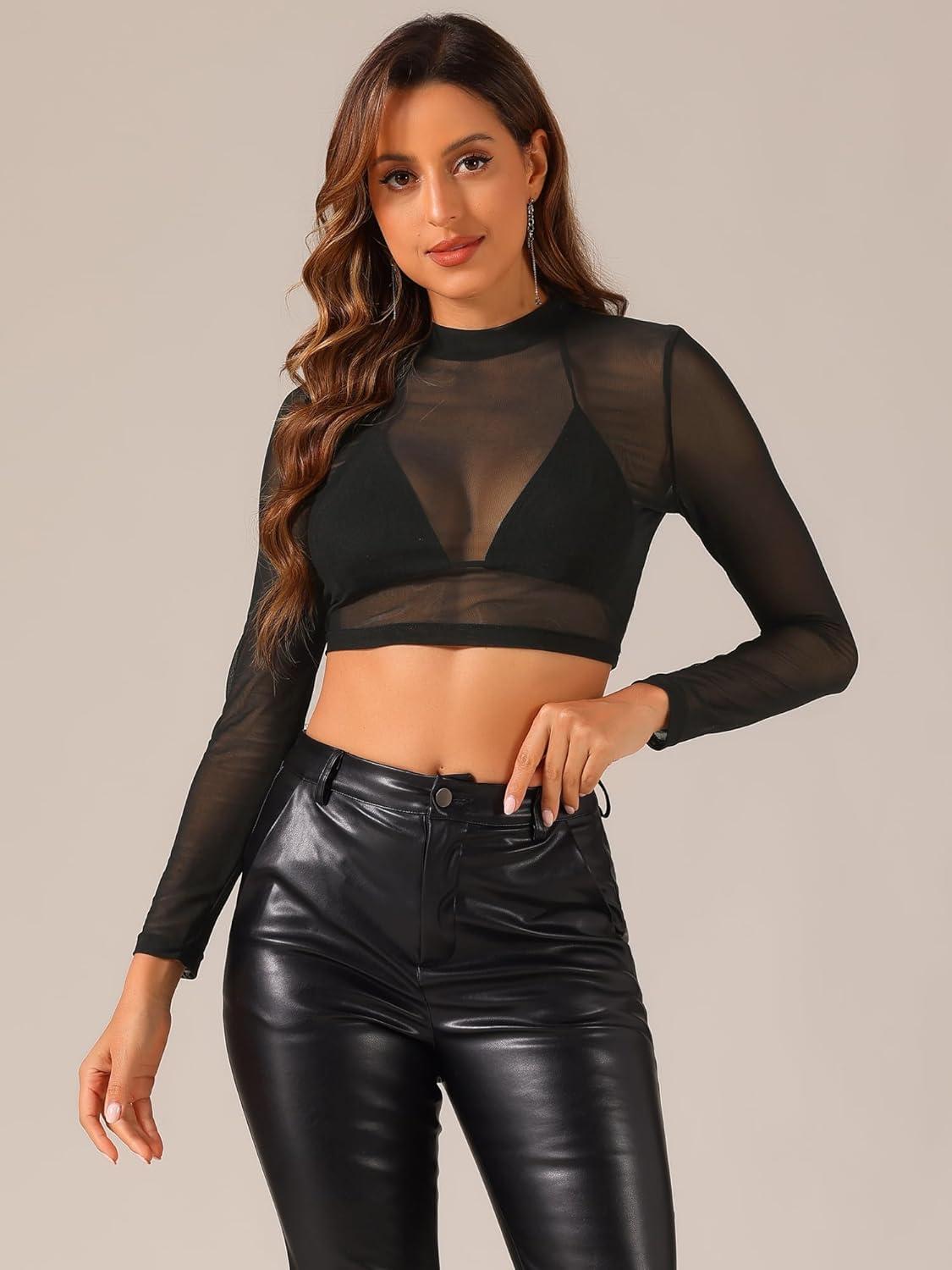 imageAllegra K Womens SemiSheer Sexy Blouse Heart Print Crop Tops Cocktail Party Mesh TopSolid Black