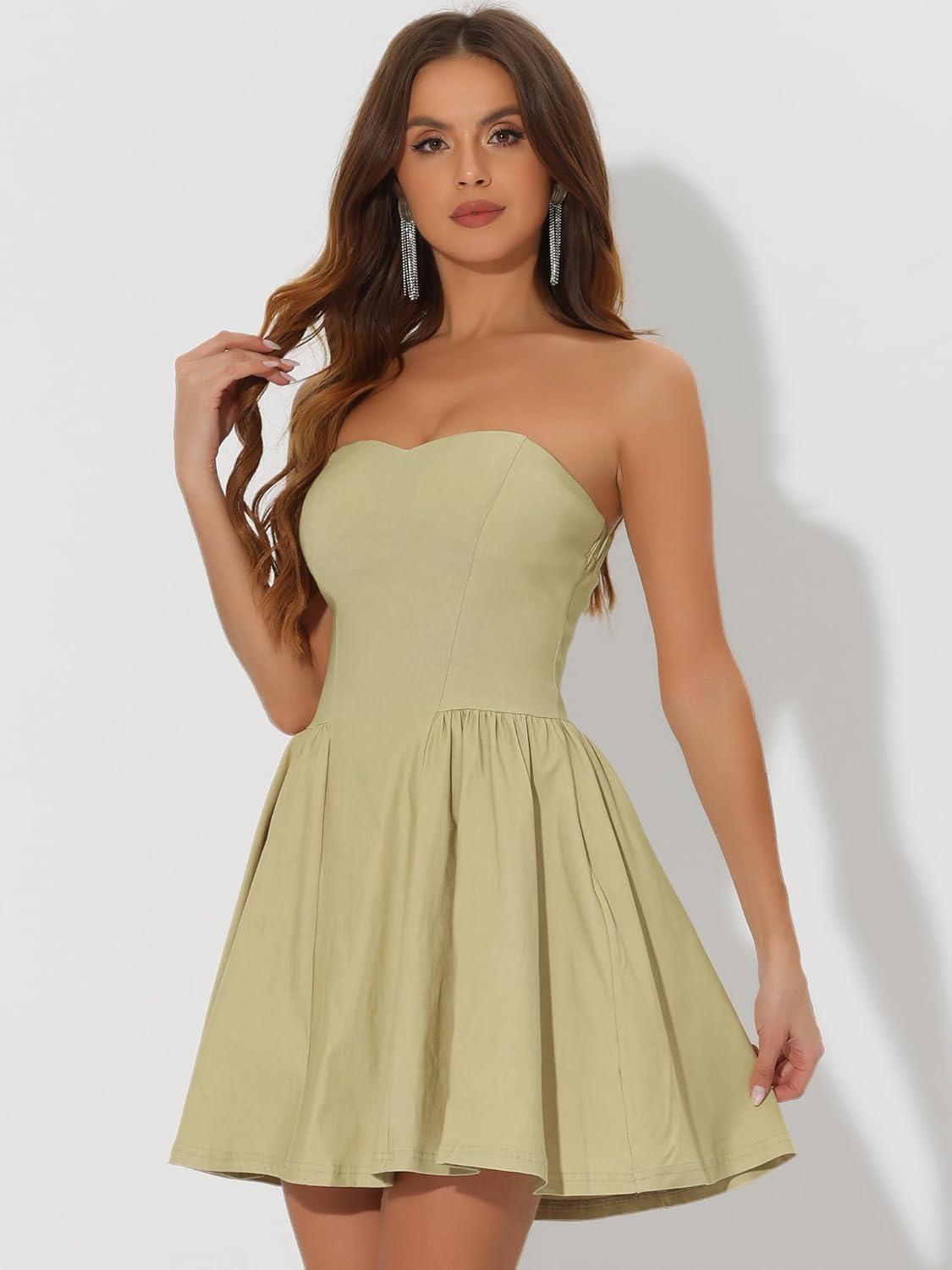 imageAllegra K Womens Sexy Strapless Party Dress Sweetheart Neck Off Shoulder Sleeveless Halloween Mini DressCamel