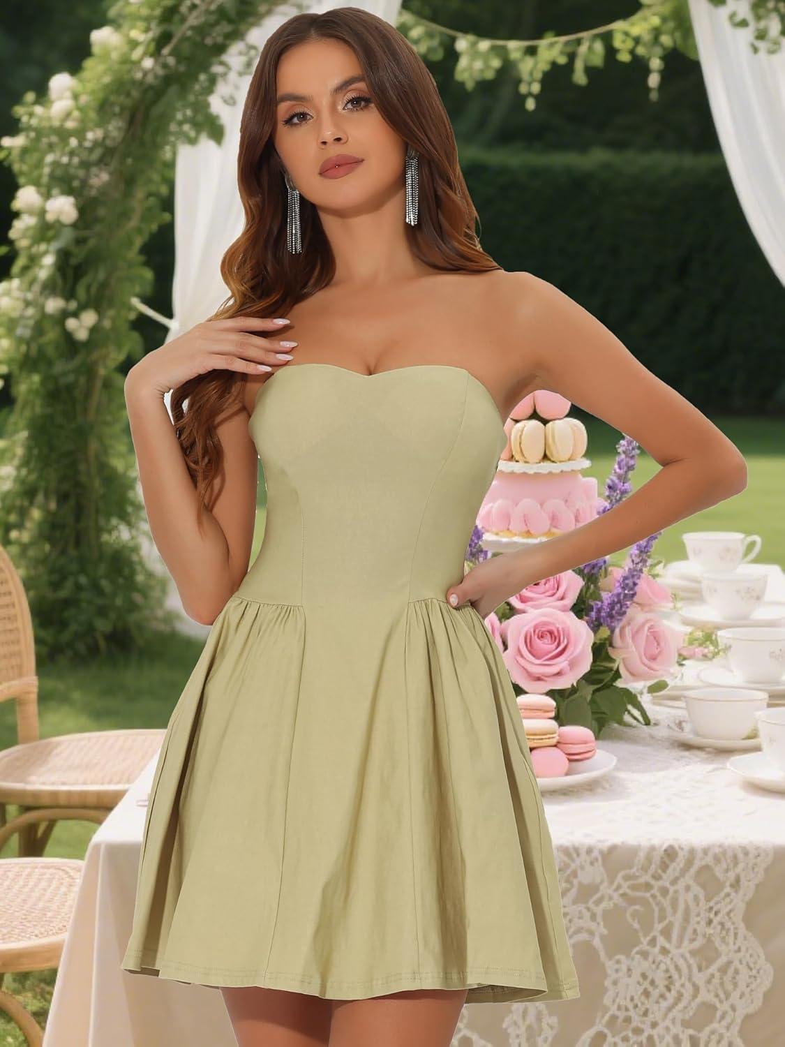 imageAllegra K Womens Sexy Strapless Party Dress Sweetheart Neck Off Shoulder Sleeveless Halloween Mini DressCamel