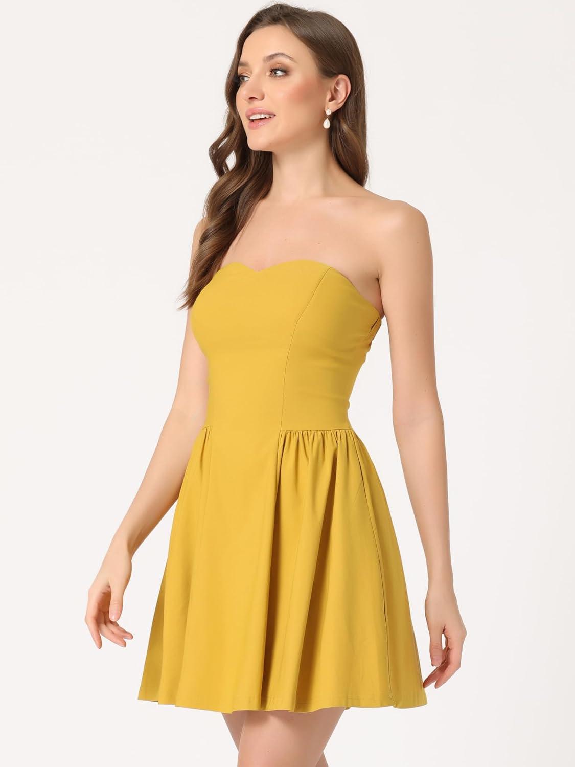 imageAllegra K Womens Sexy Strapless Party Dress Sweetheart Neck Off Shoulder Sleeveless Halloween Mini DressMustard