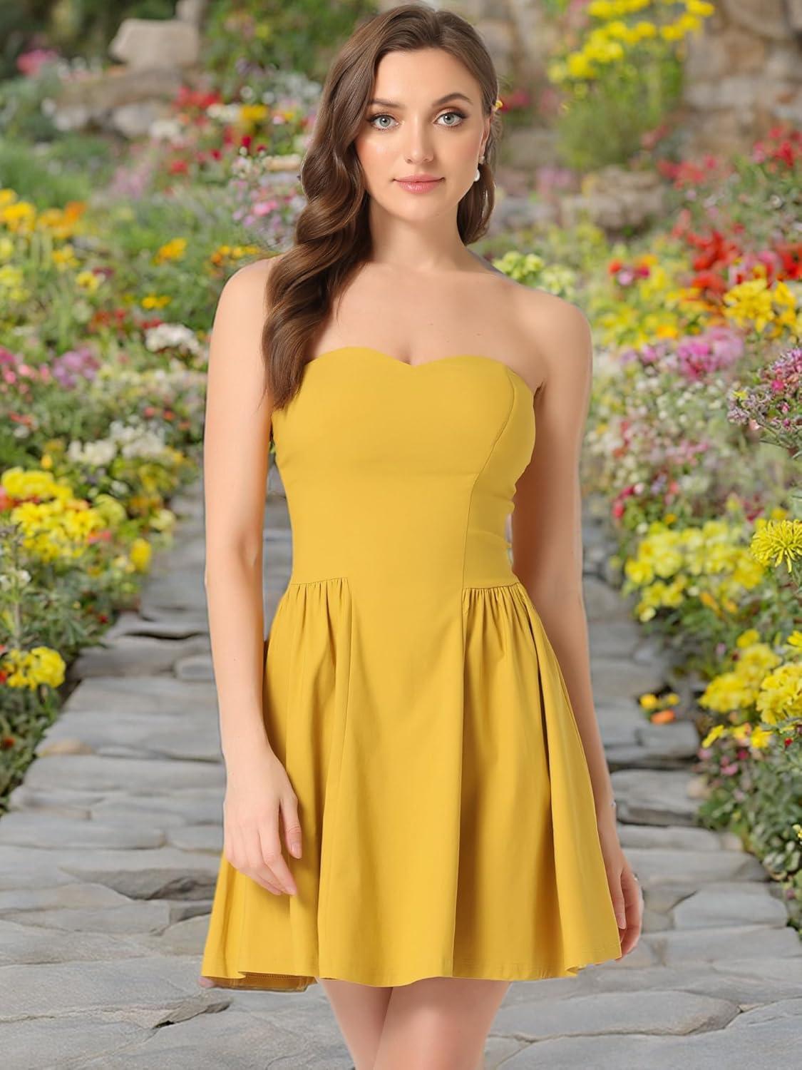 imageAllegra K Womens Sexy Strapless Party Dress Sweetheart Neck Off Shoulder Sleeveless Halloween Mini DressMustard